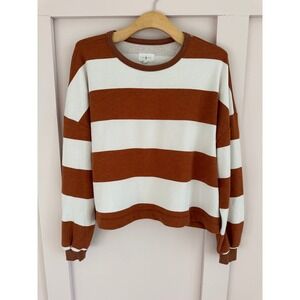 Lou & Grey Striped Sweatshirt Rust Brown White Crew Neck Pullover Medium